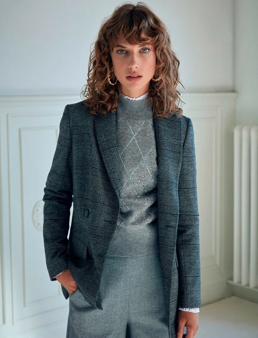 14913 Black-Grey Double-breasted Plaid Jacket
