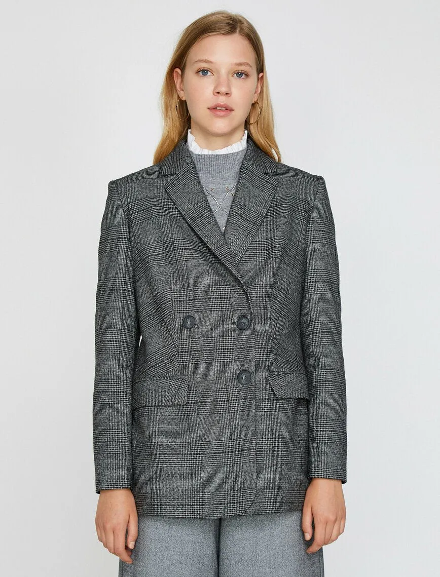 14913 Black-Grey Double-breasted Plaid Jacket