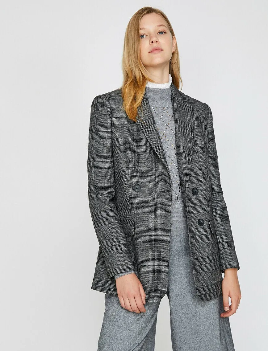 14913 Black-Grey Double-breasted Plaid Jacket