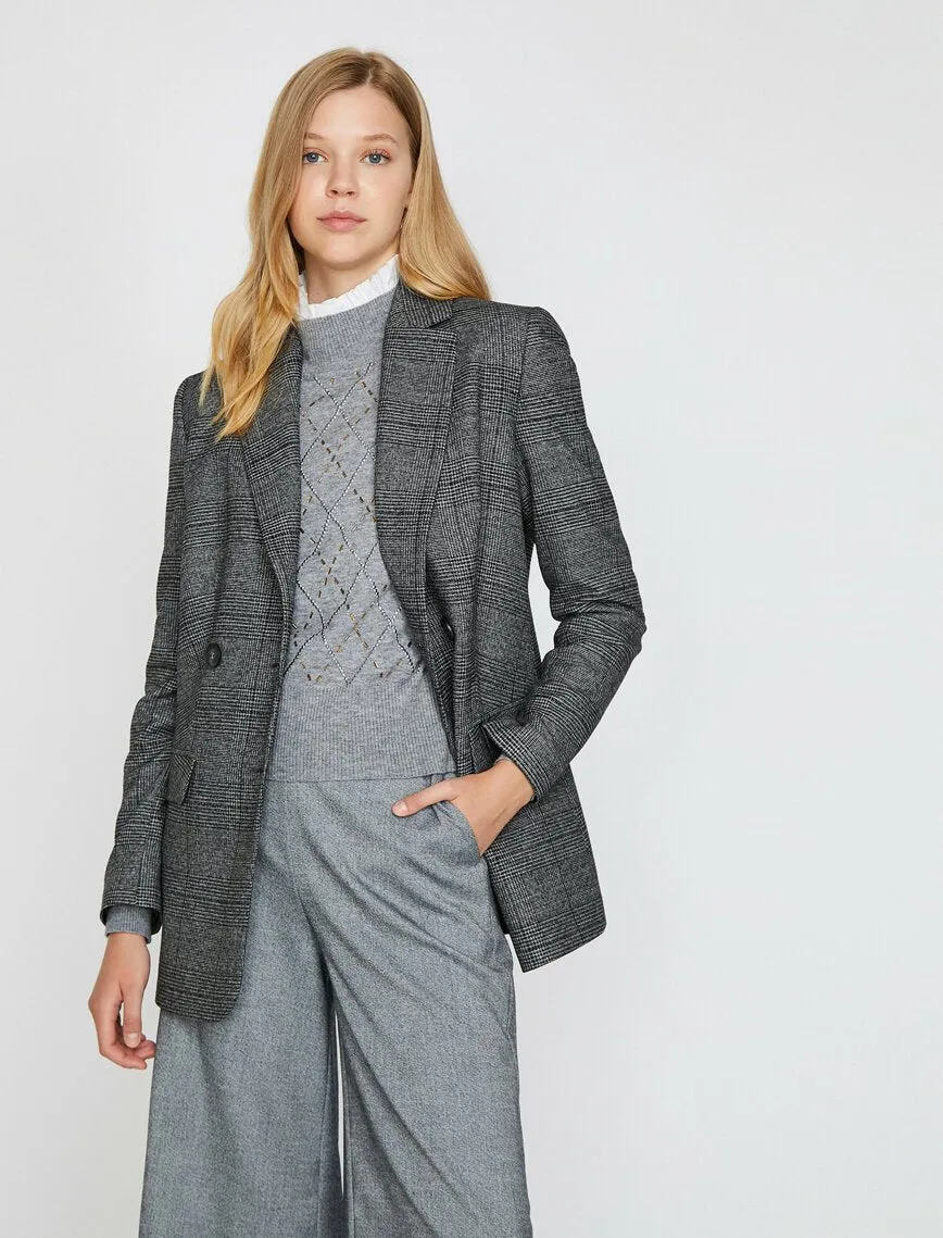 14913 Black-Grey Double-breasted Plaid Jacket