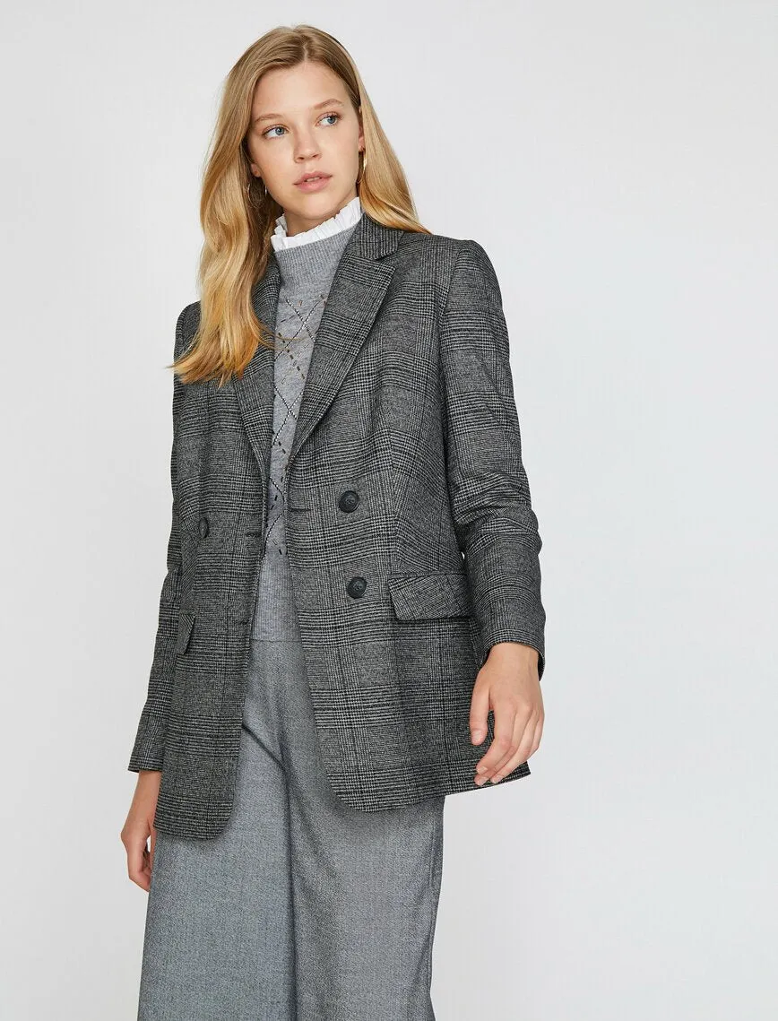 14913 Black-Grey Double-breasted Plaid Jacket