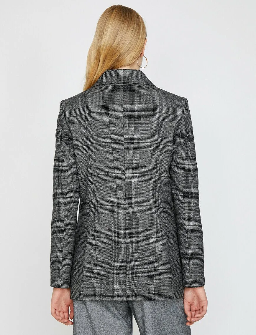 14913 Black-Grey Double-breasted Plaid Jacket
