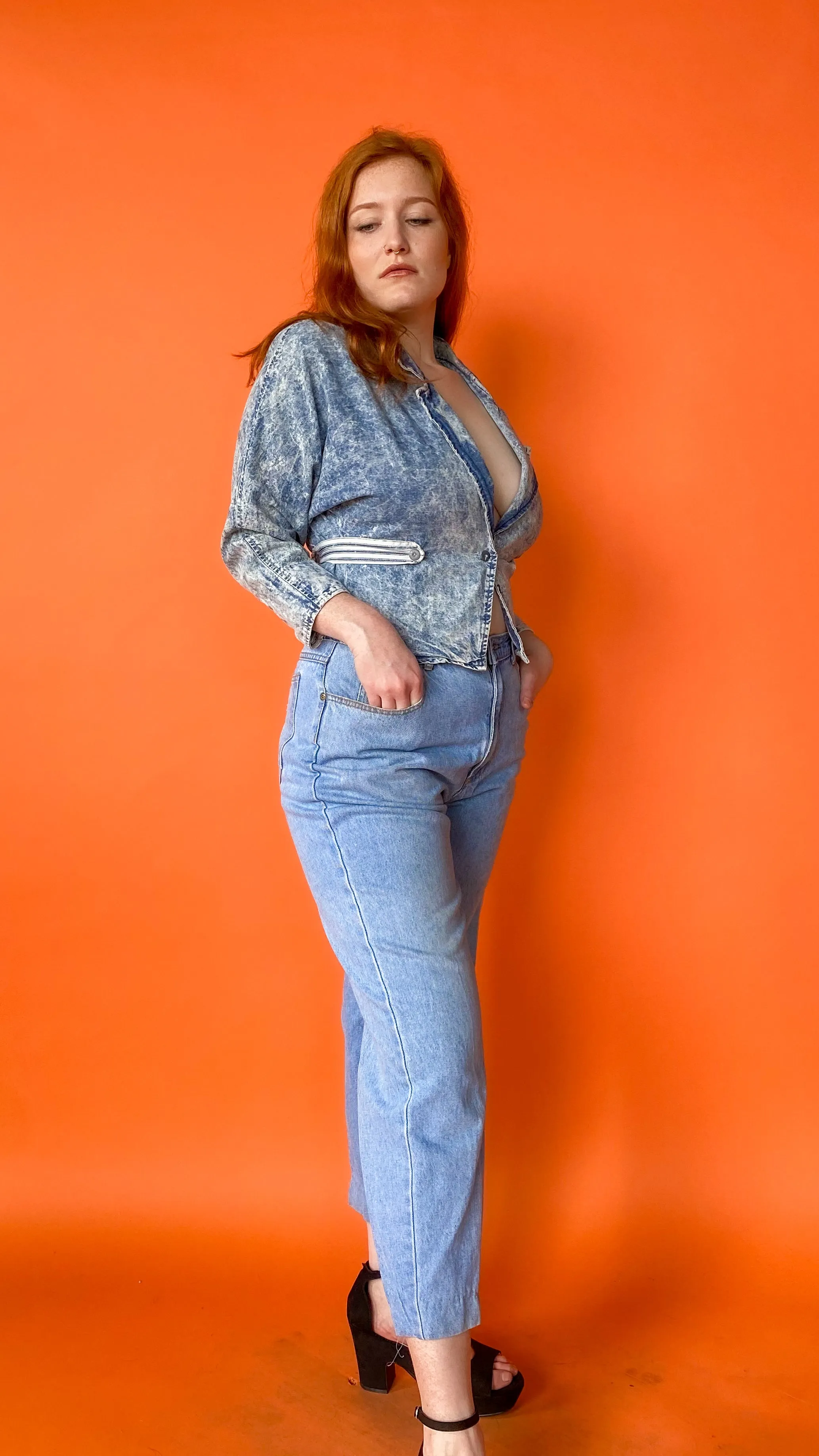 1980s Acid Washed Denim Cropped Jacket/Blazer, sz. M-L
