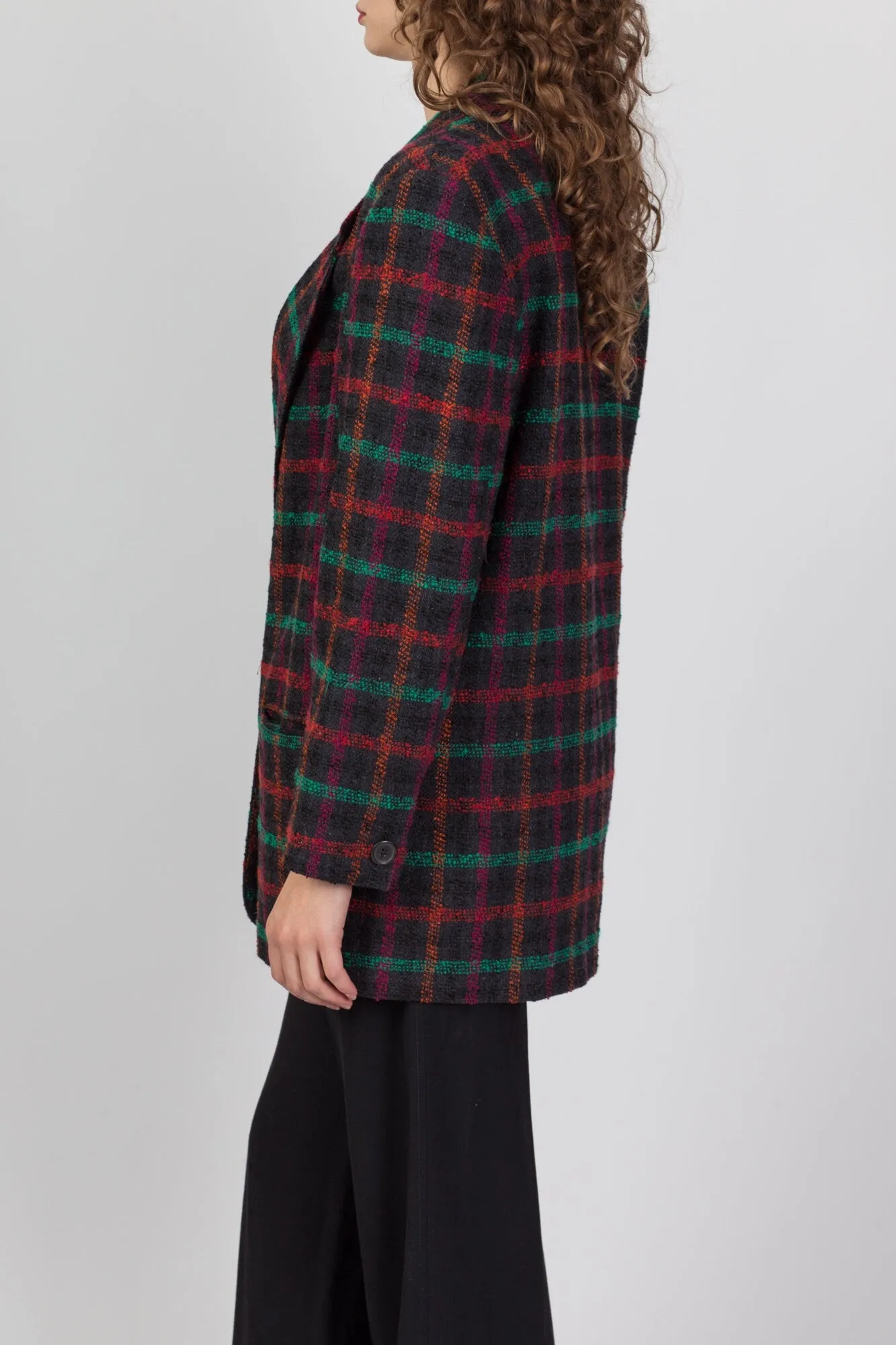 80s Plaid Tweed Longline Blazer - Large