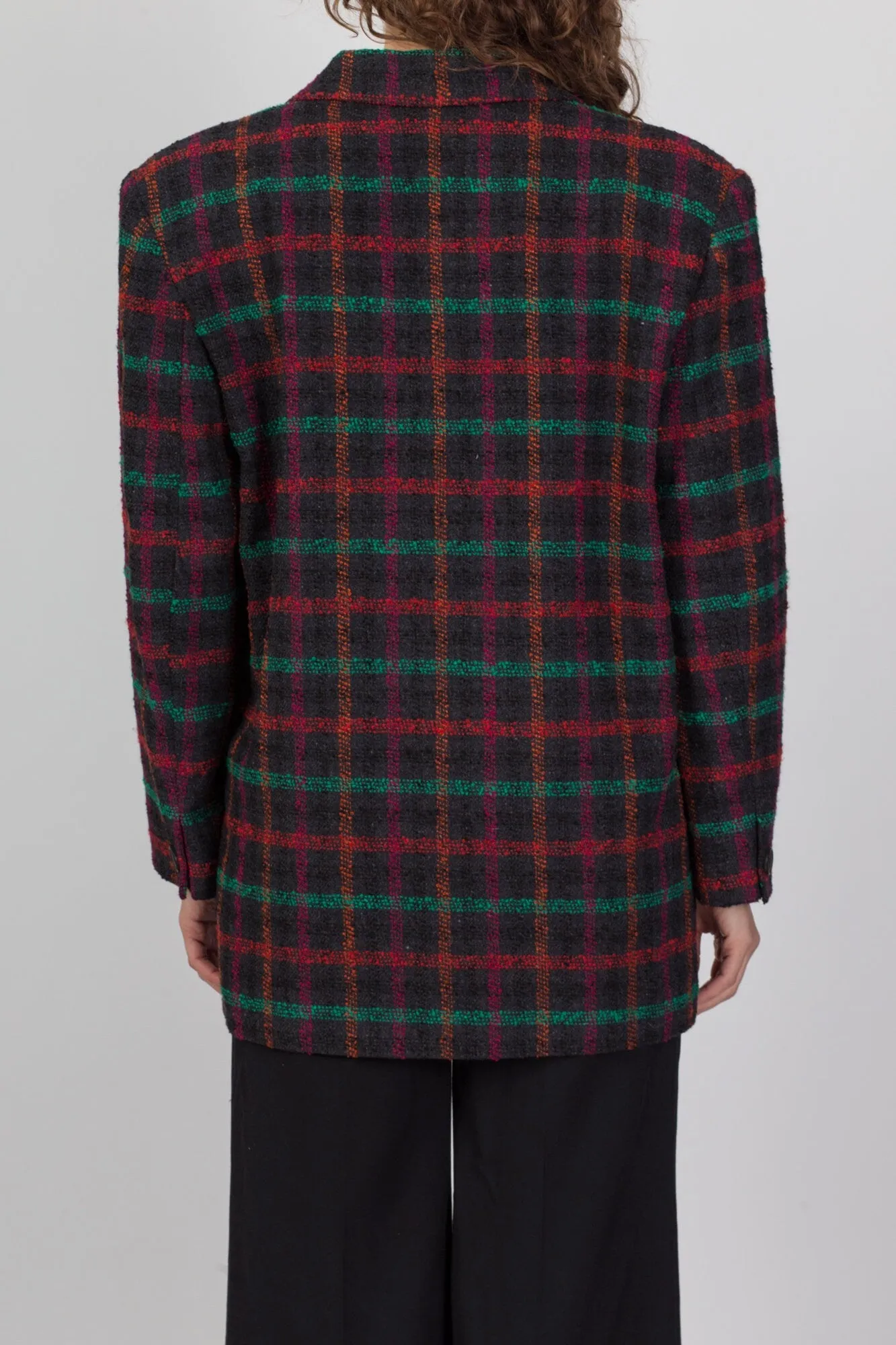 80s Plaid Tweed Longline Blazer - Large