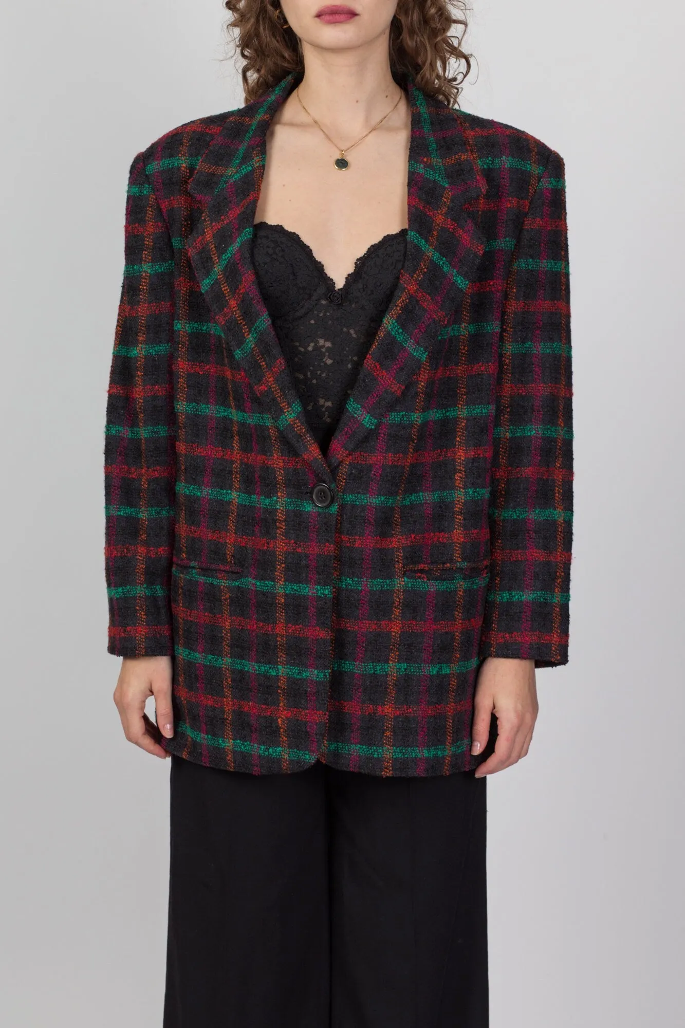 80s Plaid Tweed Longline Blazer - Large