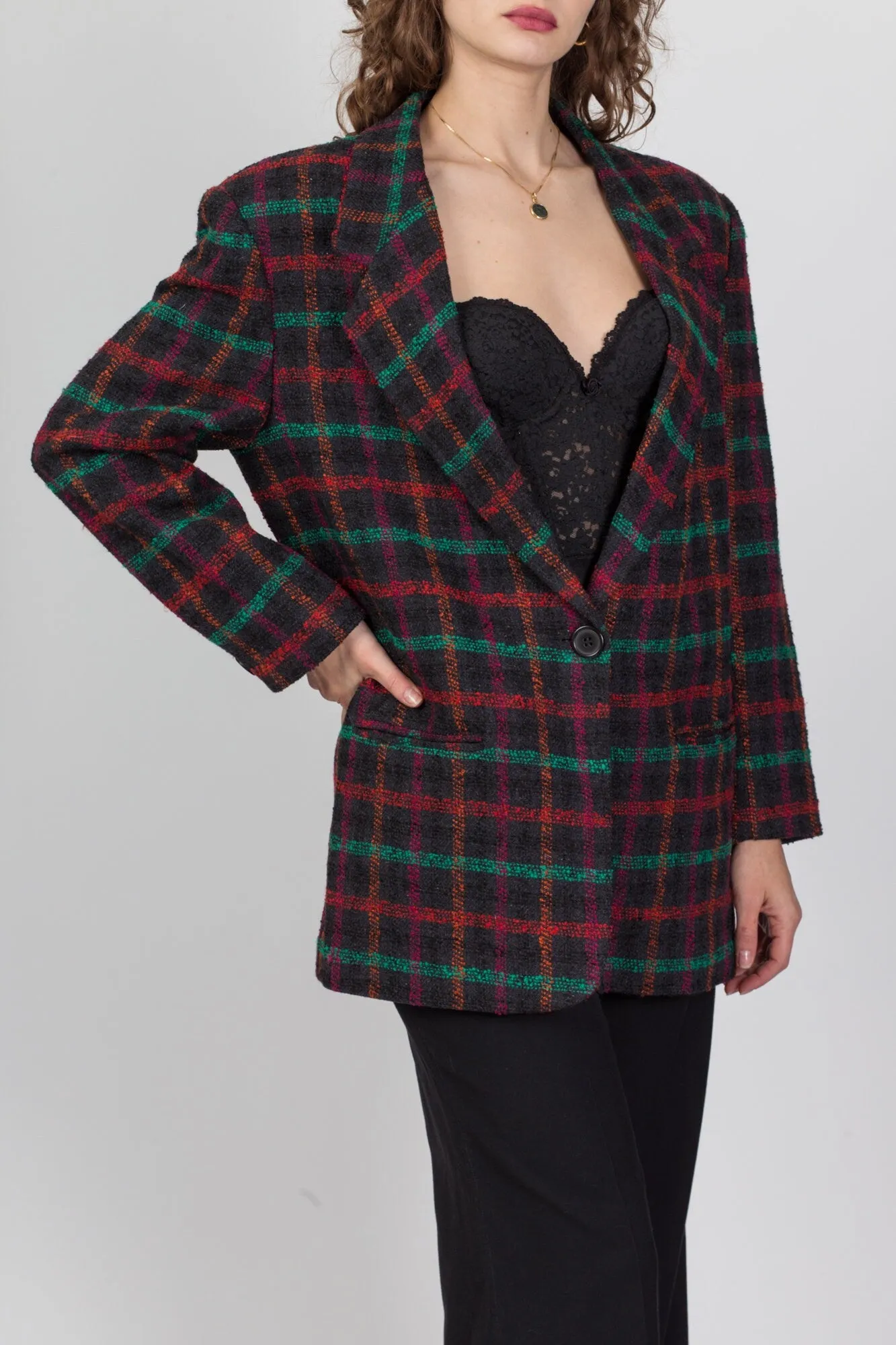 80s Plaid Tweed Longline Blazer - Large