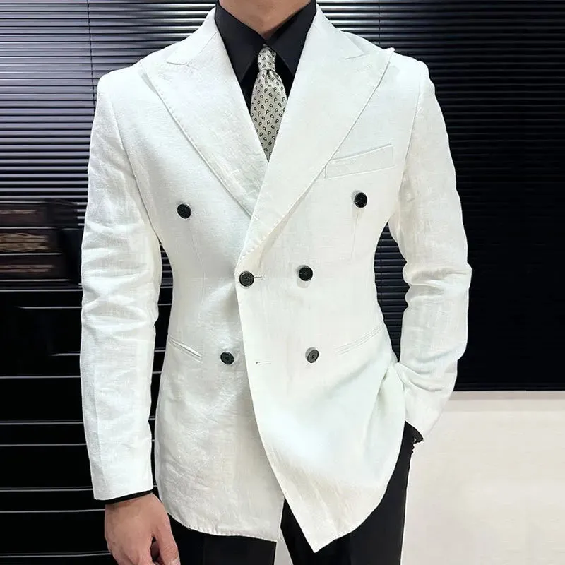 Aidase British Style Men Italian Linen Wide Collar Versatile Blazer Hombre Suit Chaqueta Hombre Prom Blazer Men Blazer Vintage Burgundy