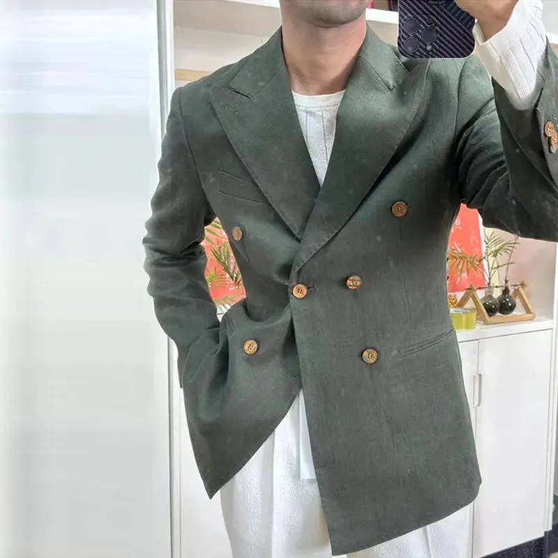 Aidase British Style Men Italian Linen Wide Collar Versatile Blazer Hombre Suit Chaqueta Hombre Prom Blazer Men Blazer Vintage Burgundy