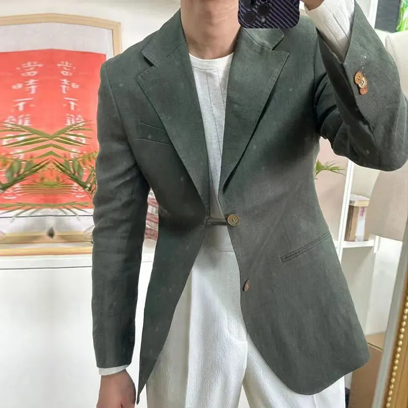 Aidase British Style Men Italian Linen Wide Collar Versatile Blazer Hombre Suit Chaqueta Hombre Prom Blazer Men Blazer Vintage Burgundy