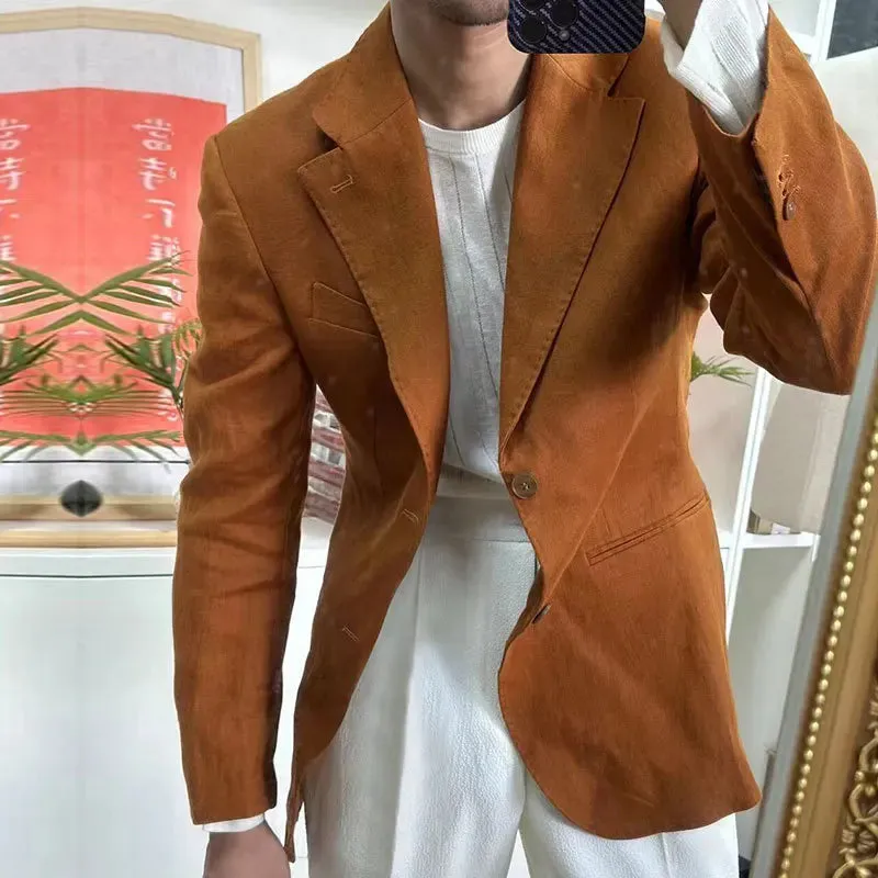Aidase British Style Men Italian Linen Wide Collar Versatile Blazer Hombre Suit Chaqueta Hombre Prom Blazer Men Blazer Vintage Burgundy