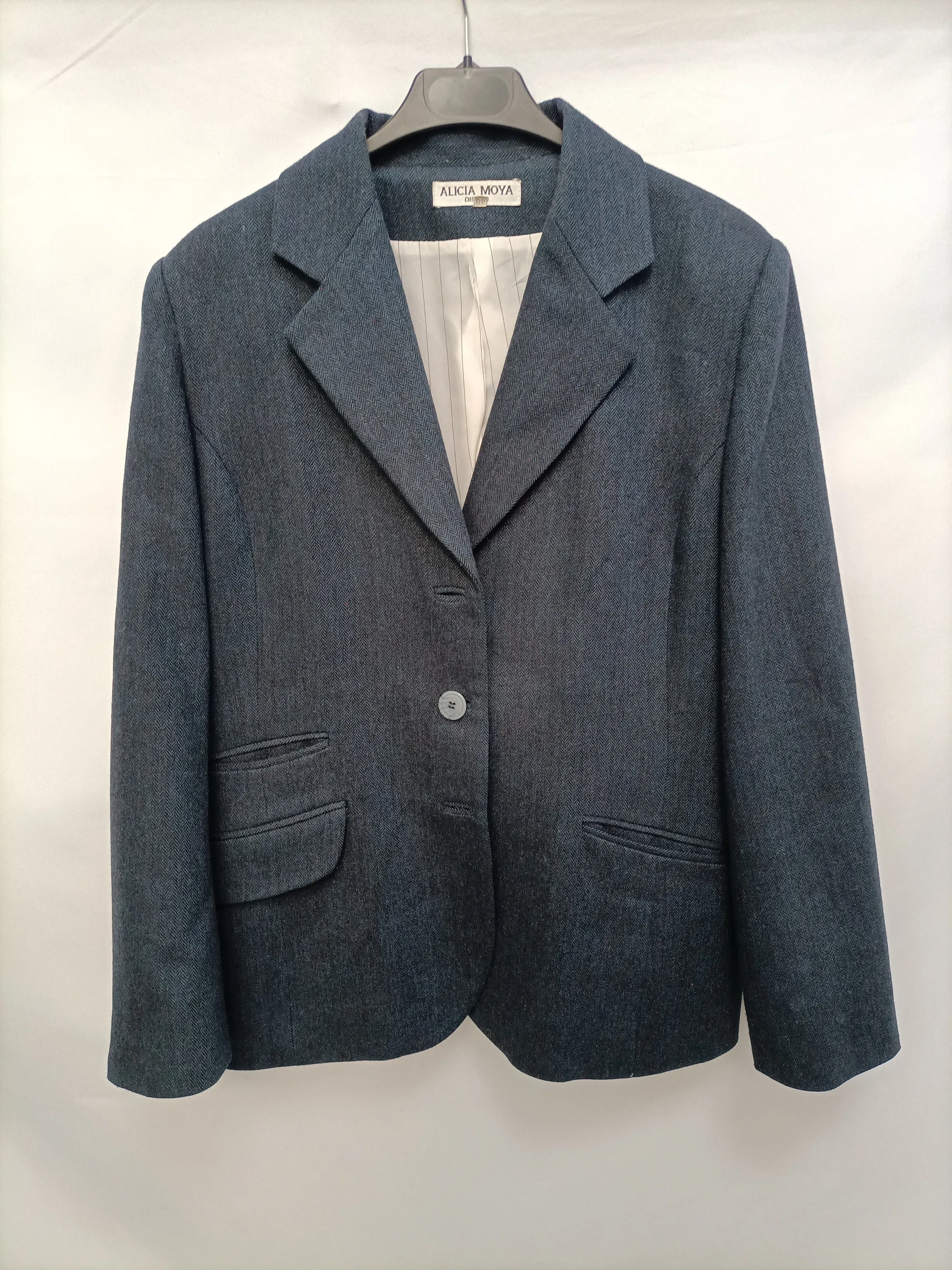 ALICIA MOYA. Blazer espiga azul vintage T.48
