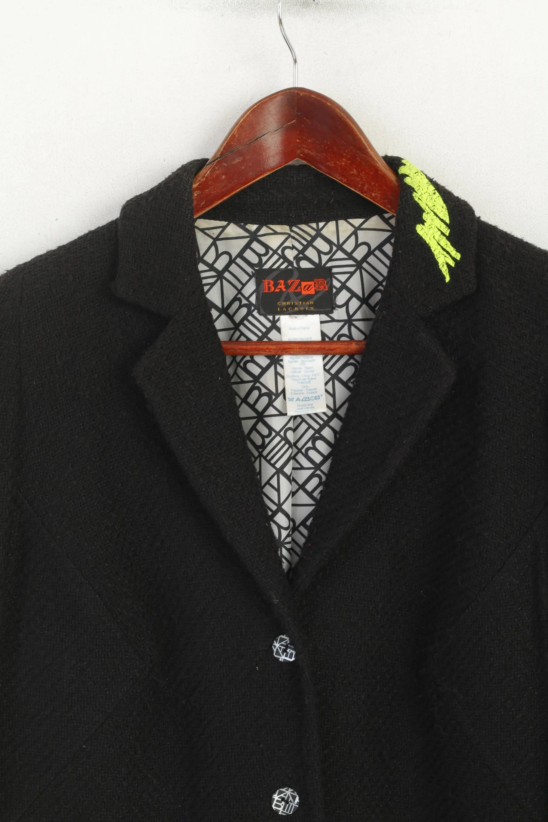 Bazar Christian Lacroix Women M Blazer Black Cotton Shoulder Pads France Jacket