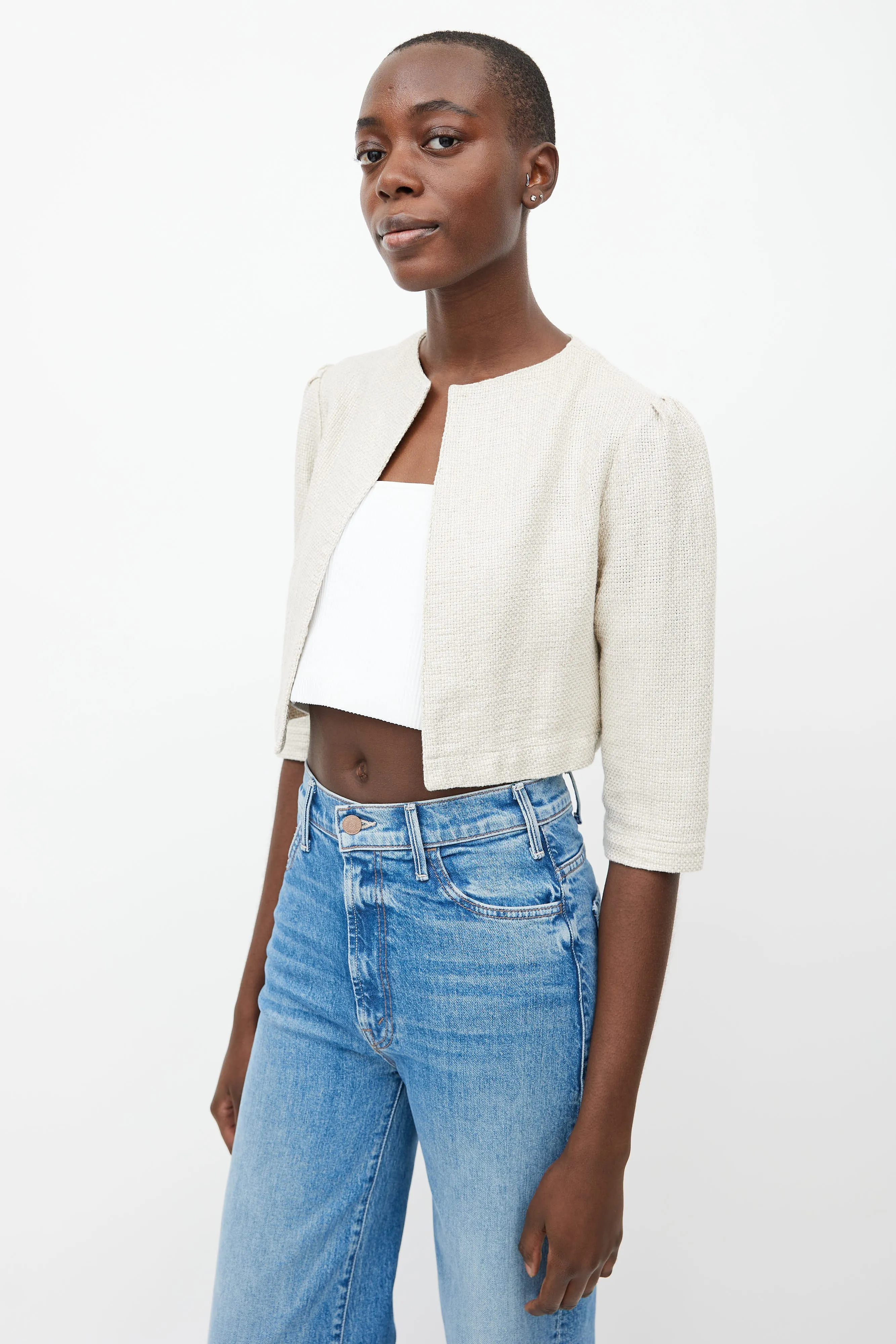 Beige Woven Cropped Linen Jacket