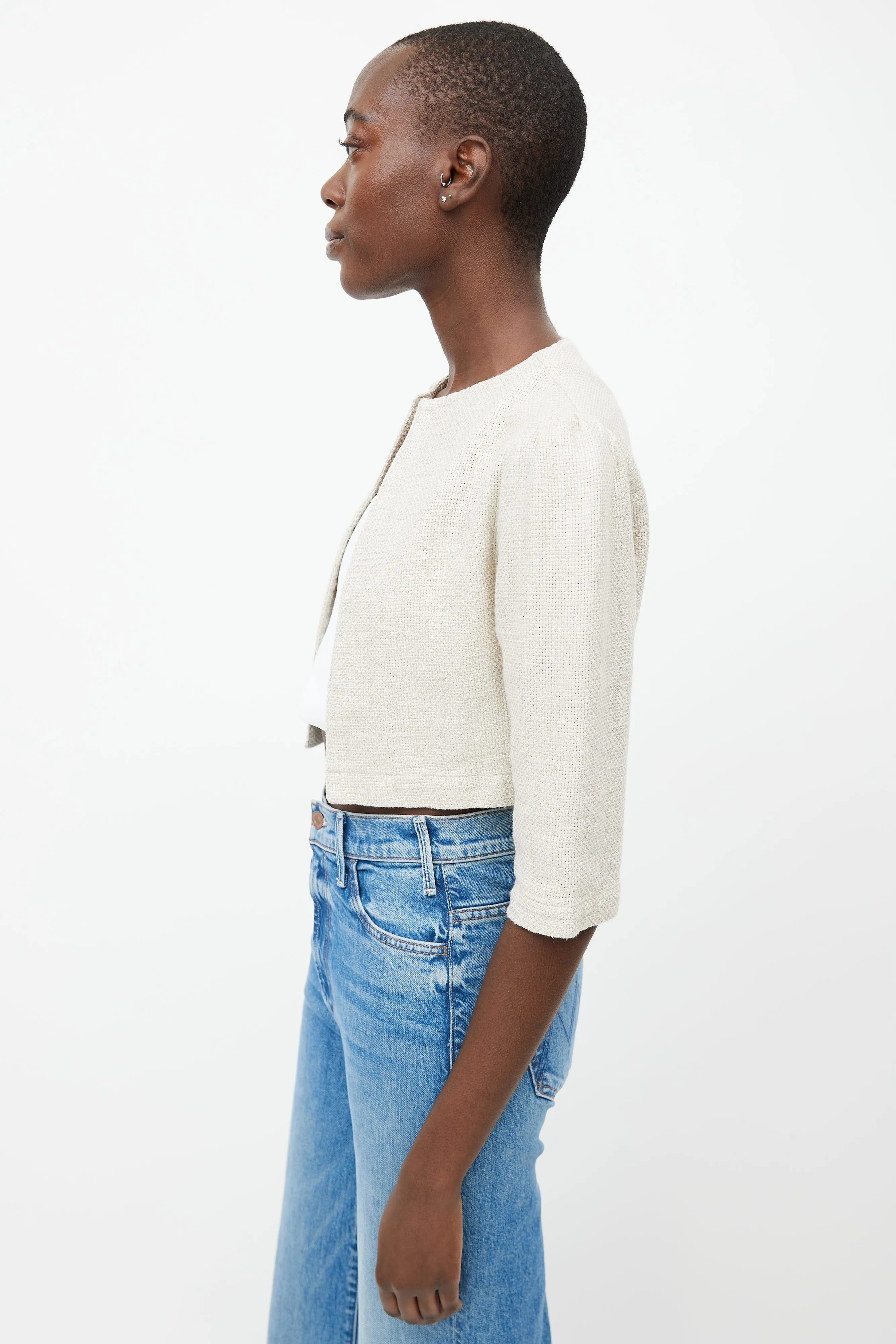 Beige Woven Cropped Linen Jacket