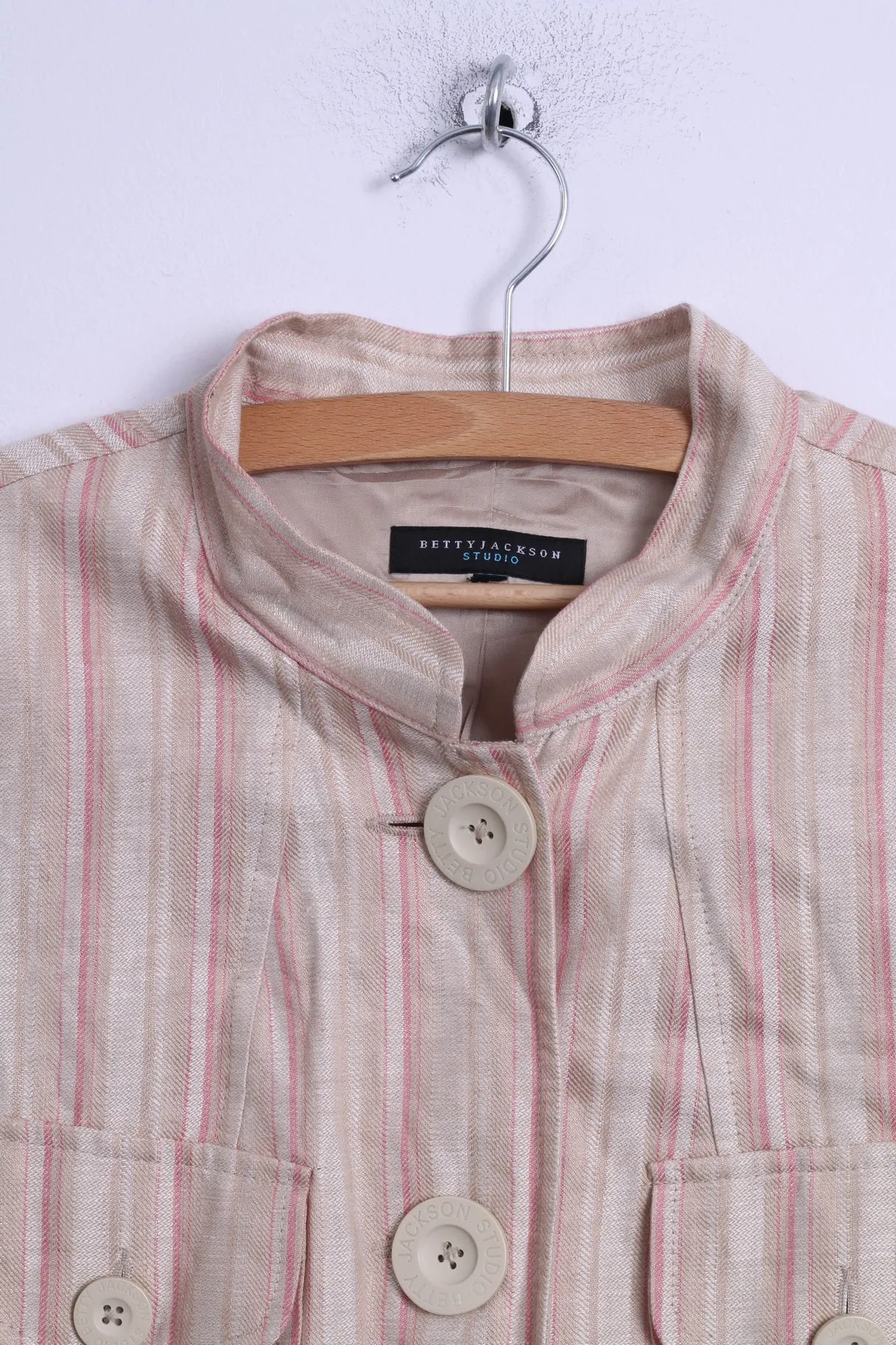 Betty Jackson Studio Womens M Jacket Beige Linen Striped Big Buttons Blazer