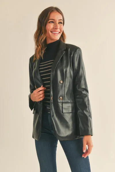 Black Faux Leather Double Breasted Blazer