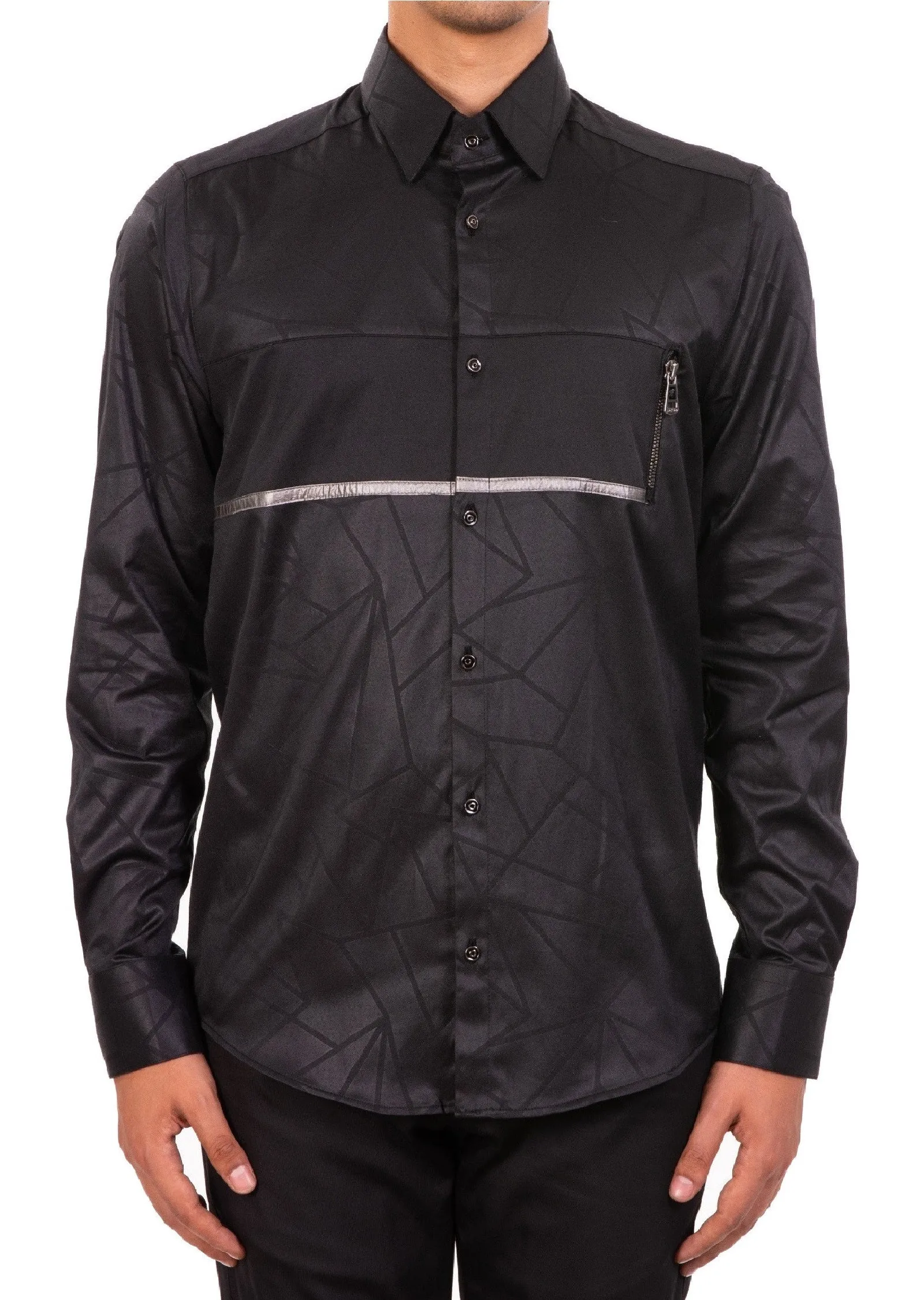 Black Geometric Silver Trim Detailed Shirt
