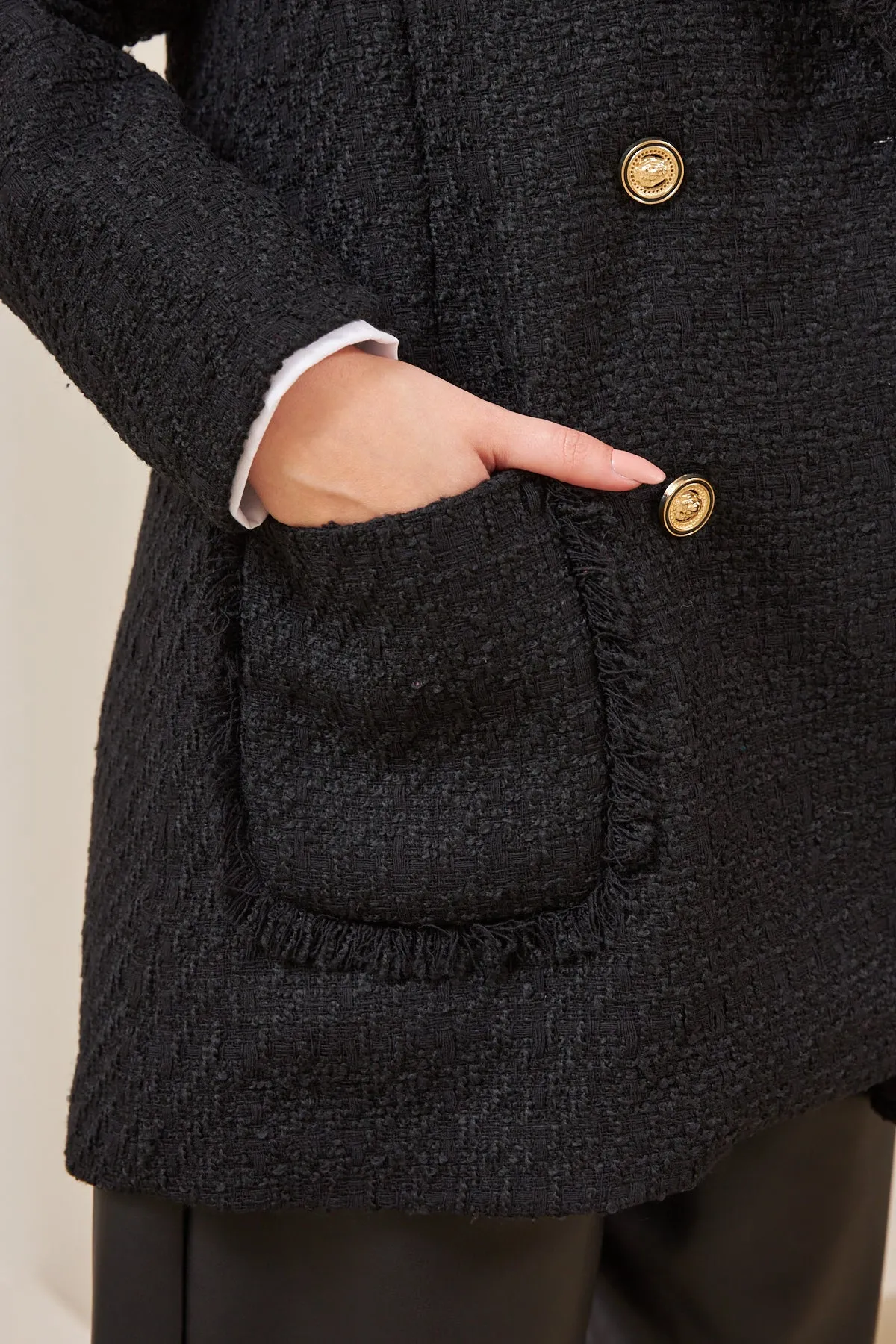 Black Padded Blazer Jacket With Pockets