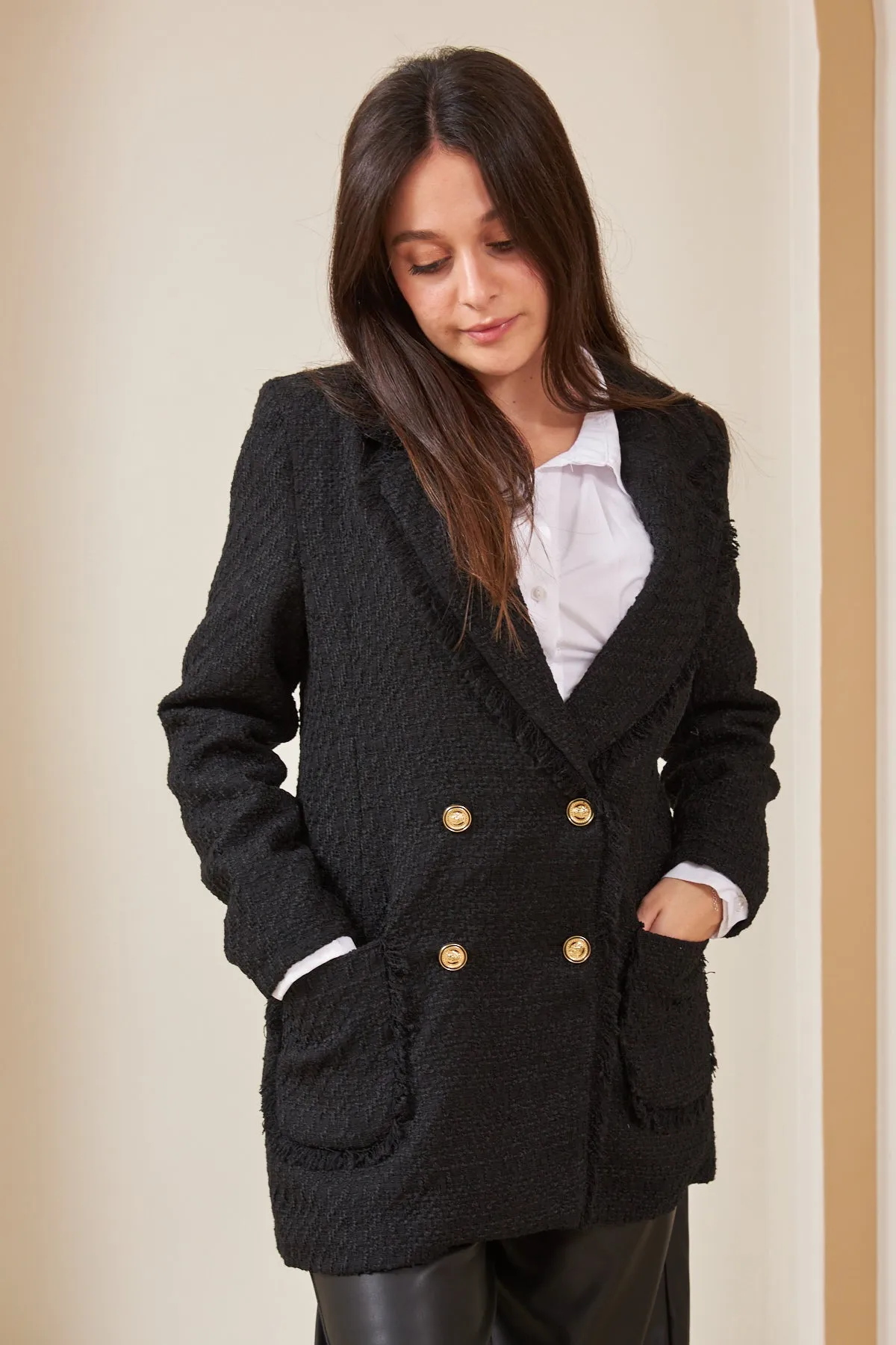 Black Padded Blazer Jacket With Pockets