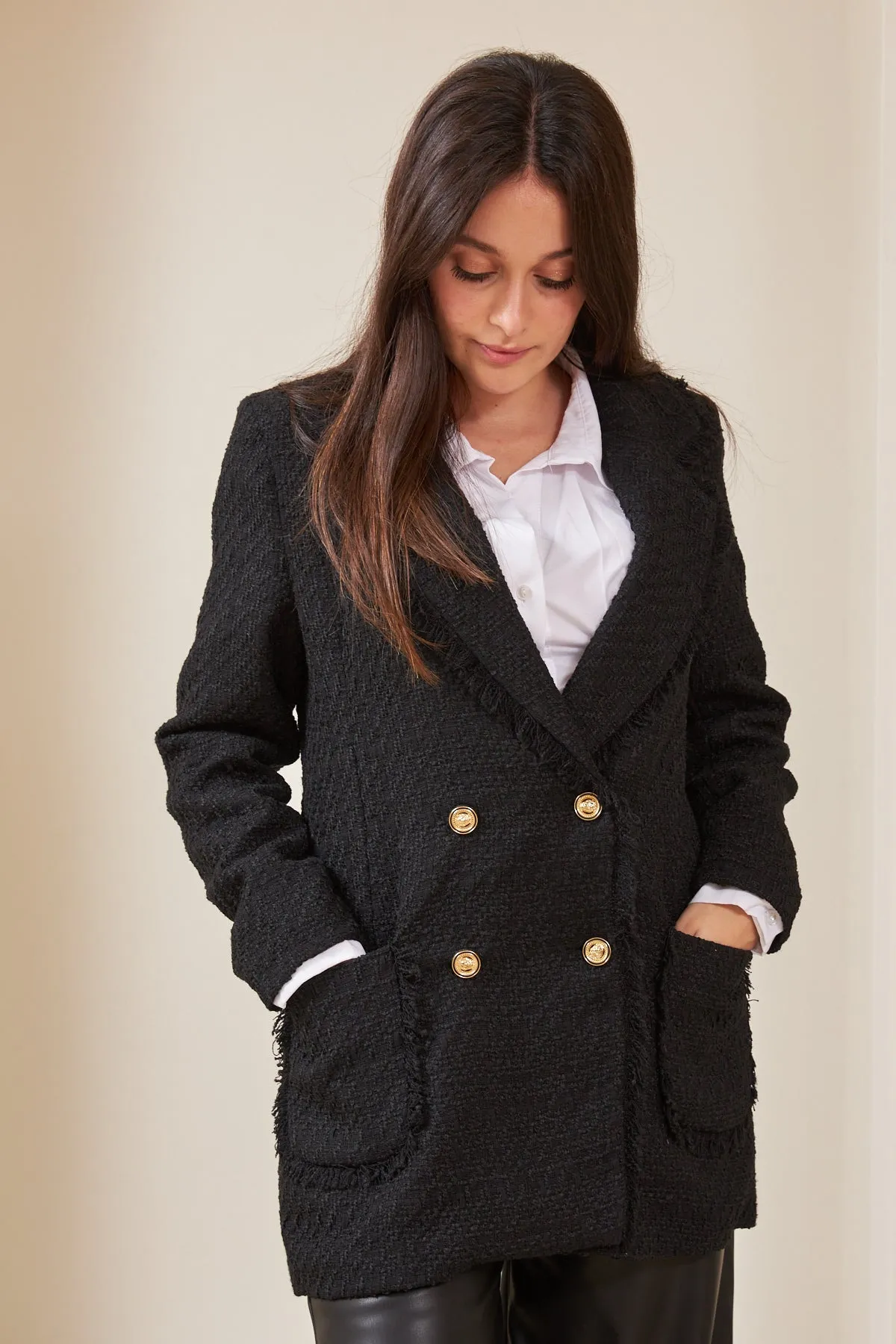 Black Padded Blazer Jacket With Pockets
