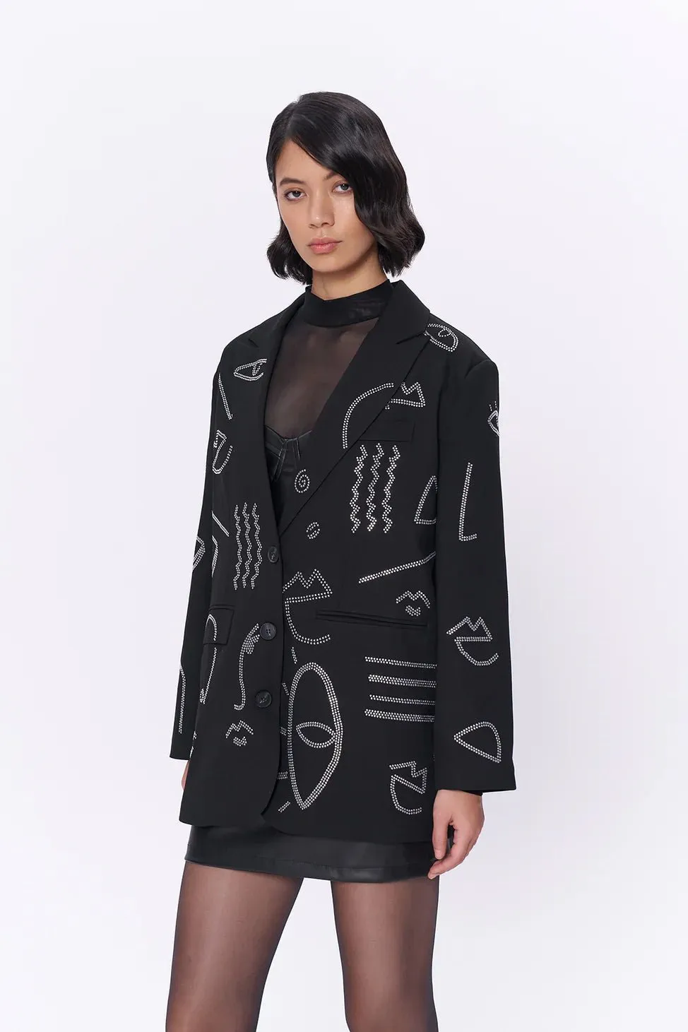 Black Stone Pattern Double Breasted Oversized Blazer Jacket