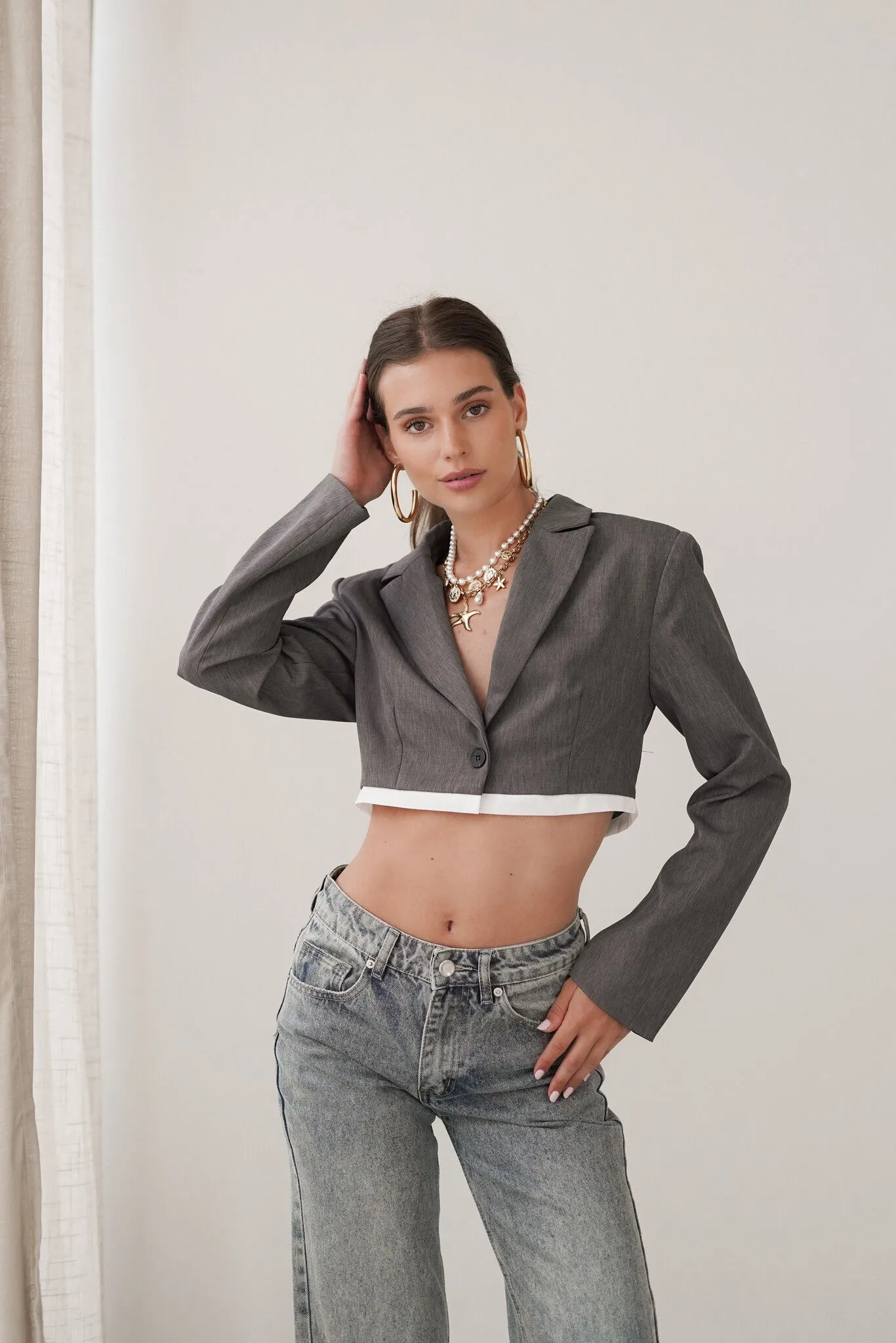 Blazer cropped met wit detail grijs - Vera