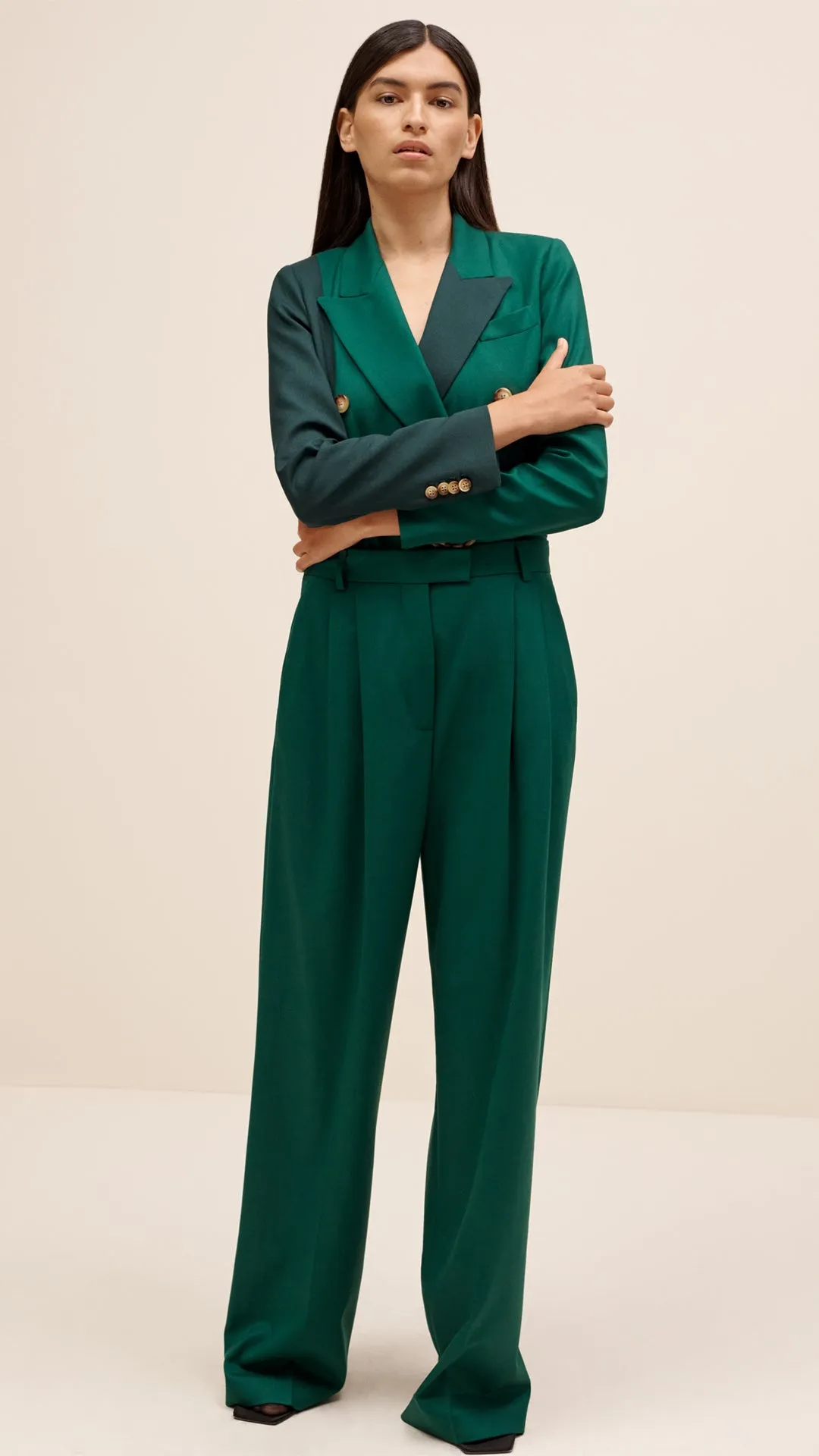 Colorblocked Peak Lapel Blazer in Seasonless Wool | Emerald/Forest