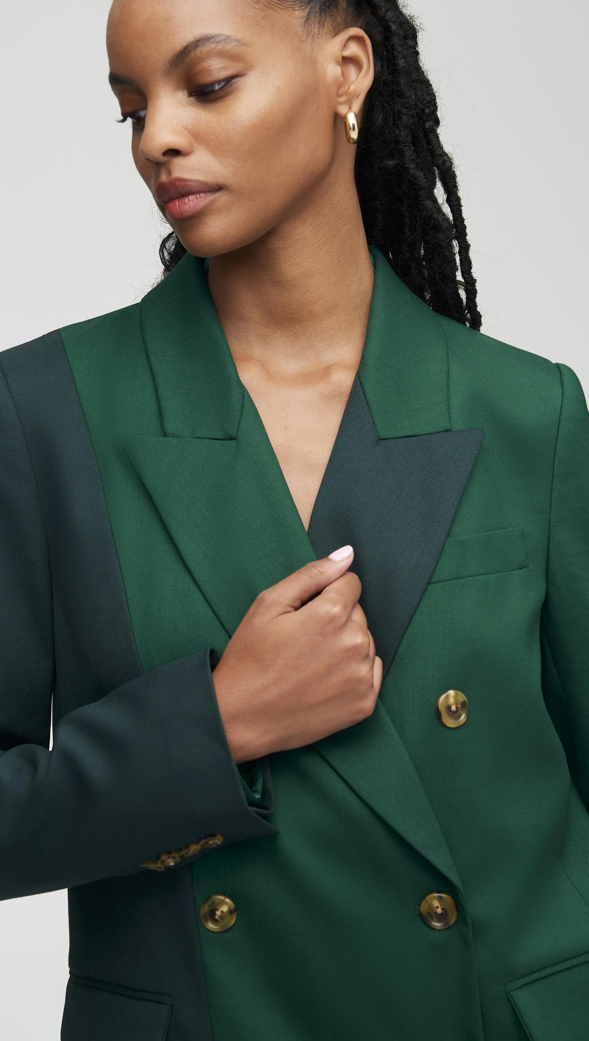 Colorblocked Peak Lapel Blazer in Seasonless Wool | Emerald/Forest