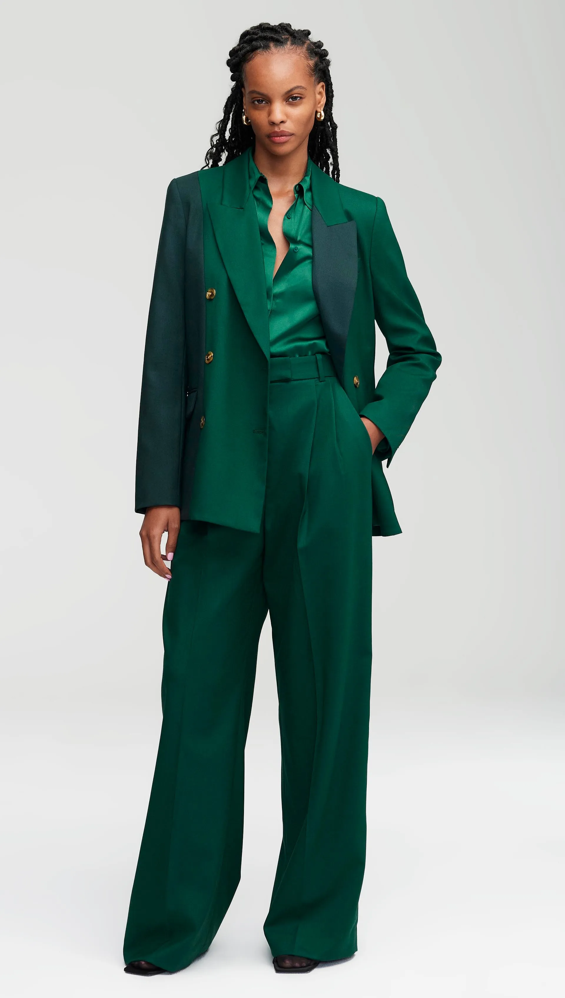 Colorblocked Peak Lapel Blazer in Seasonless Wool | Emerald/Forest