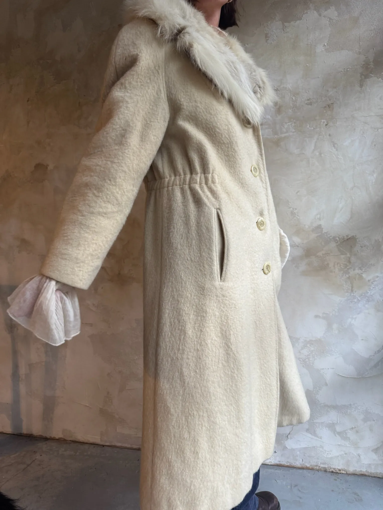 Cream Wool Trench With Fur Collar