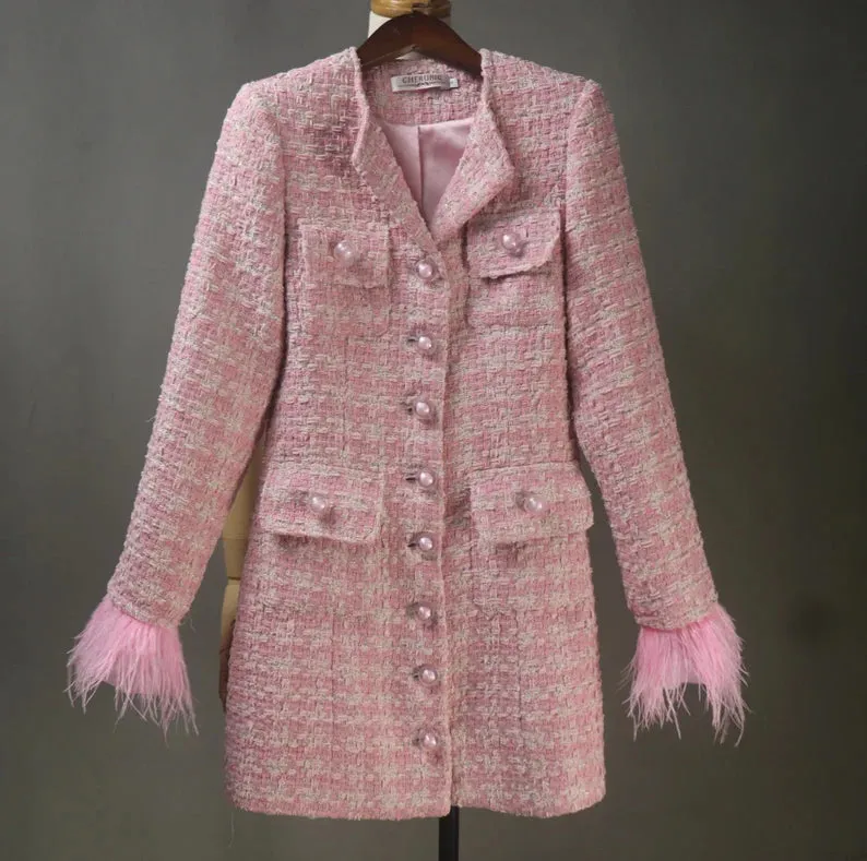 Custom Made Long Coat Cream Tweed with Fur Cuffs