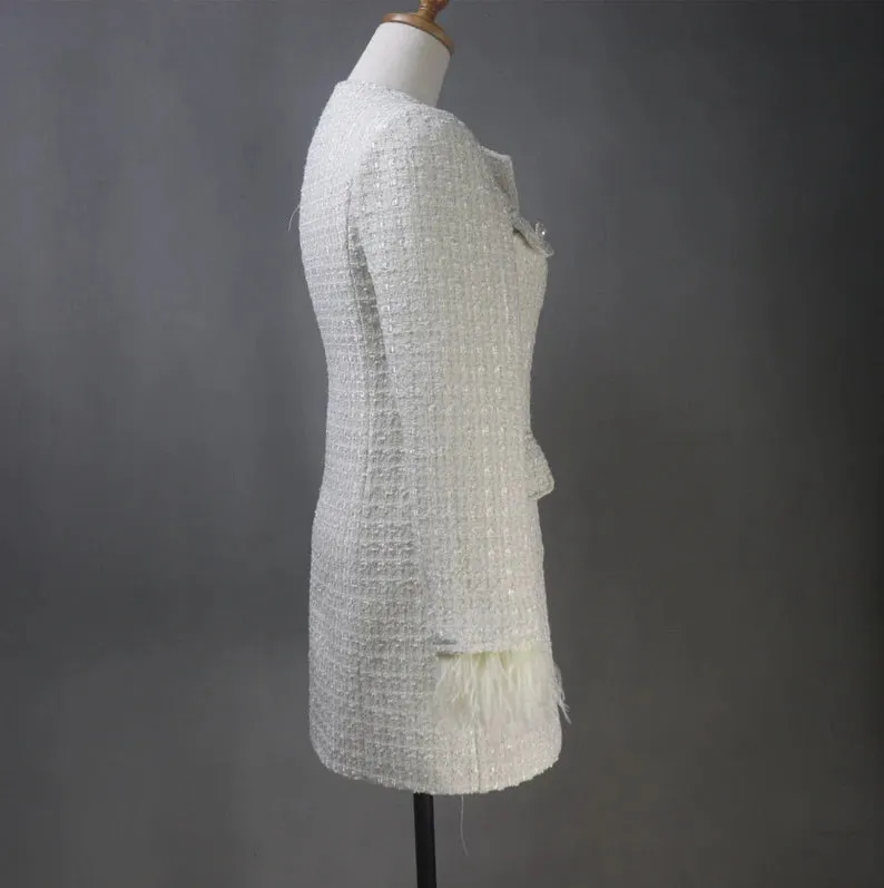 Custom Made Long Coat Cream Tweed with Fur Cuffs
