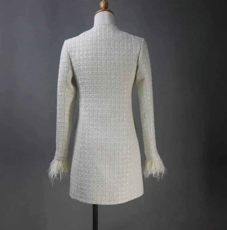 Custom Made Long Coat Cream Tweed with Fur Cuffs