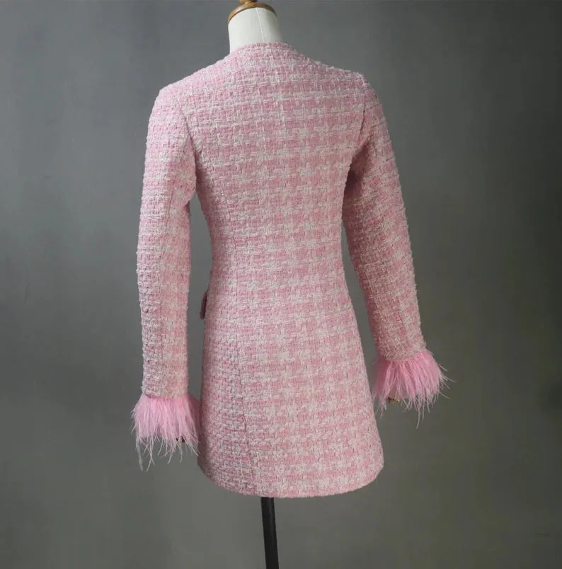 Custom Made Long Coat Cream Tweed with Fur Cuffs