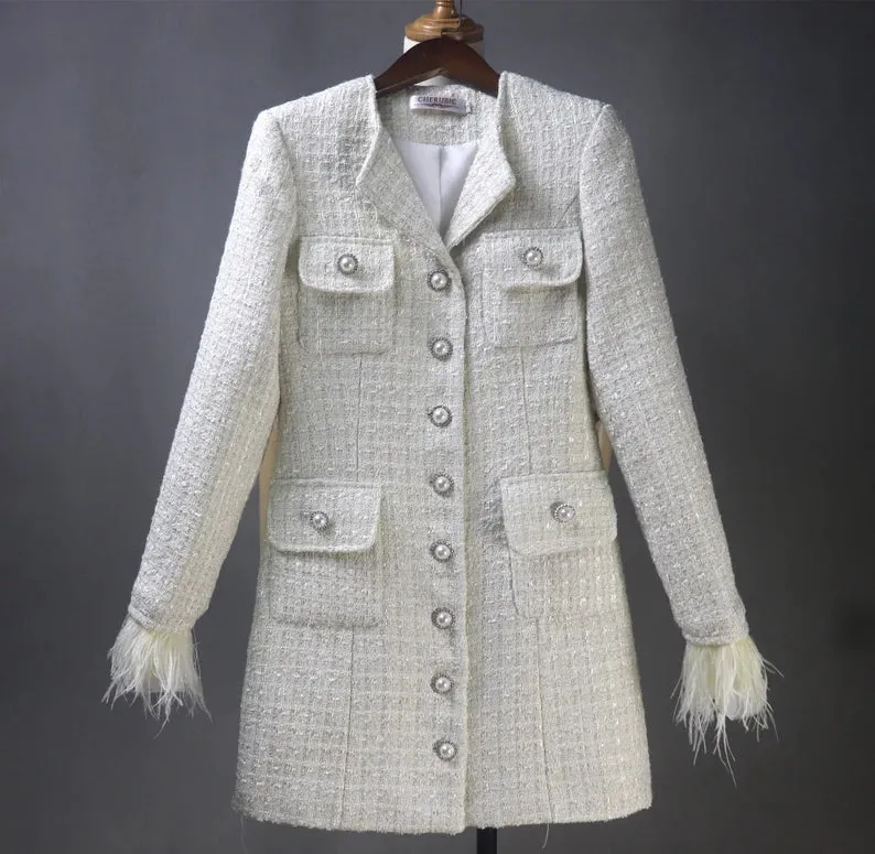 Custom Made Long Coat Cream Tweed with Fur Cuffs