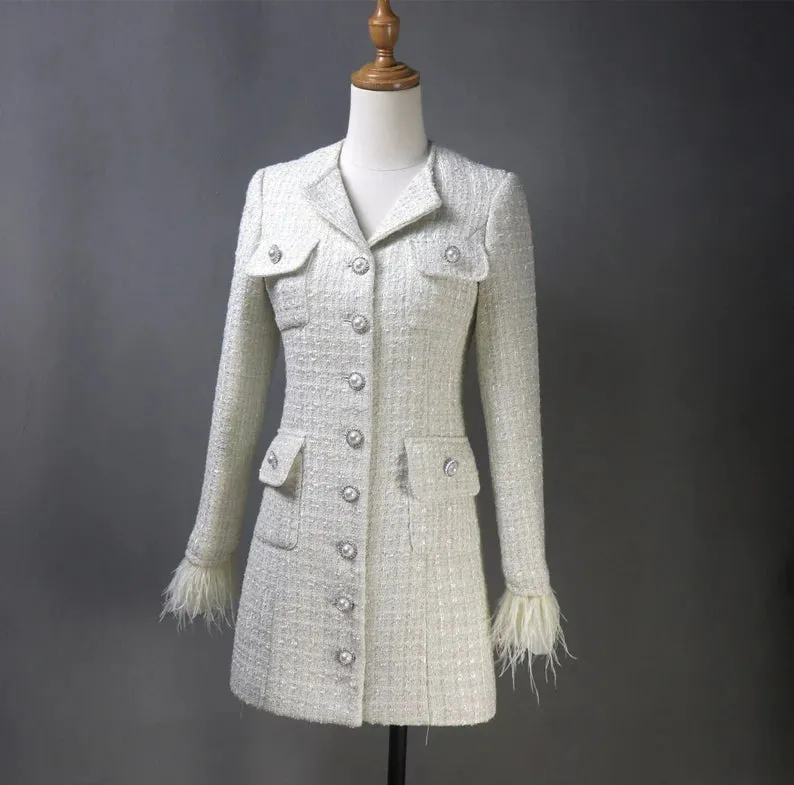Custom Made Long Coat Cream Tweed with Fur Cuffs
