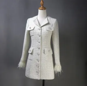 Custom Made Long Coat Cream Tweed with Fur Cuffs