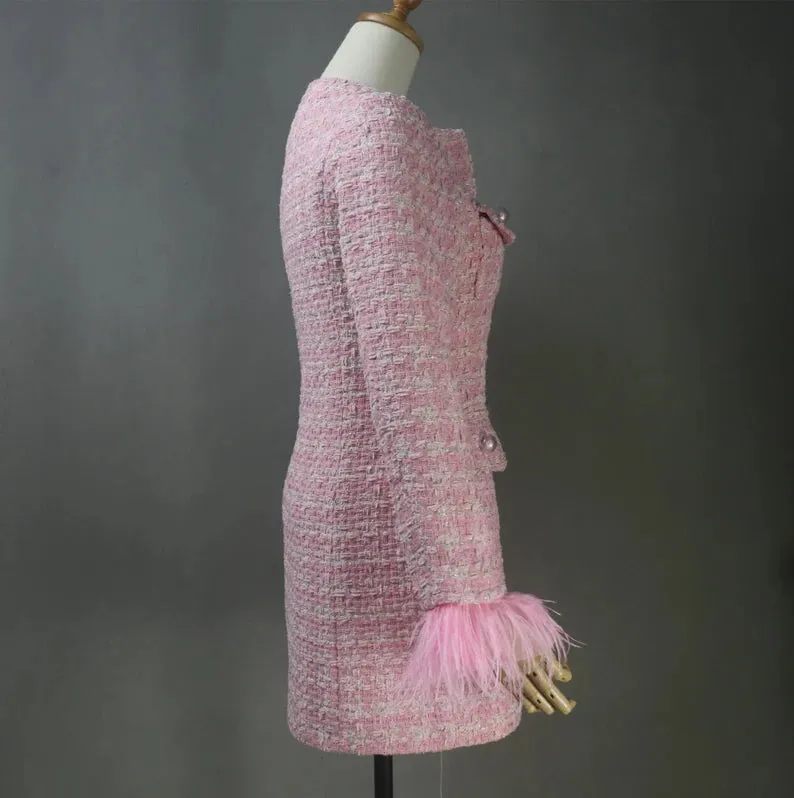 Custom Made Long Coat Cream Tweed with Fur Cuffs