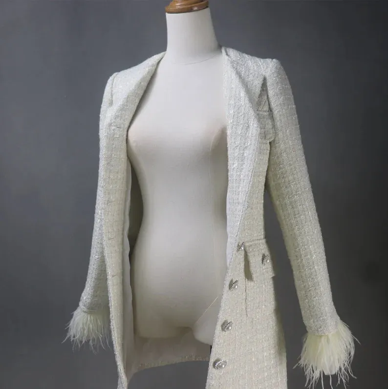 Custom Made Long Coat Cream Tweed with Fur Cuffs