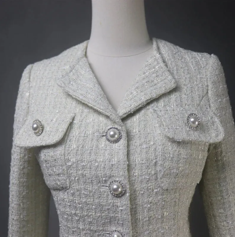Custom Made Long Coat Cream Tweed with Fur Cuffs