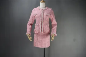 Custom Made Pearls Diamonds Checked Tweed Jacket    Skirt Suit