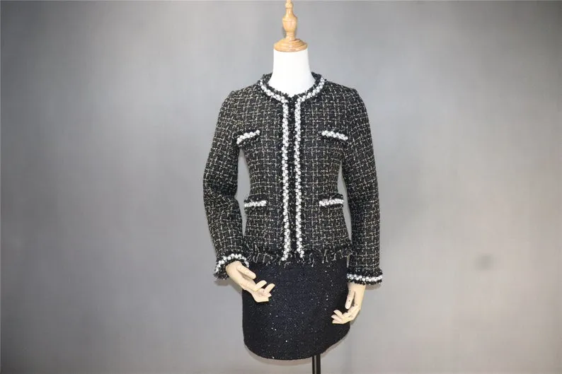 Custom Made Pearls Diamonds Checked Tweed Jacket    Skirt Suit