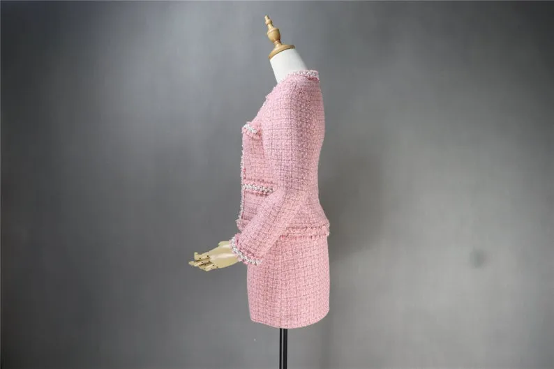 Custom Made Pearls Diamonds Checked Tweed Jacket    Skirt Suit