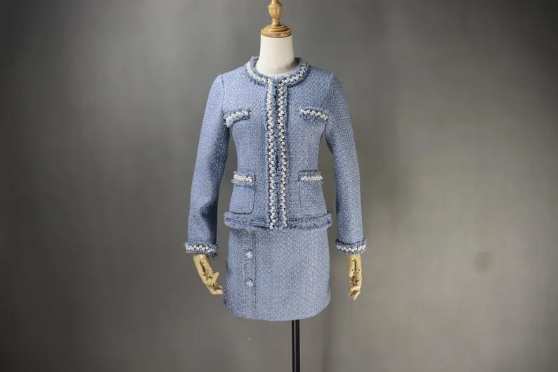 Custom Made Pearls Diamonds Checked Tweed Jacket    Skirt Suit