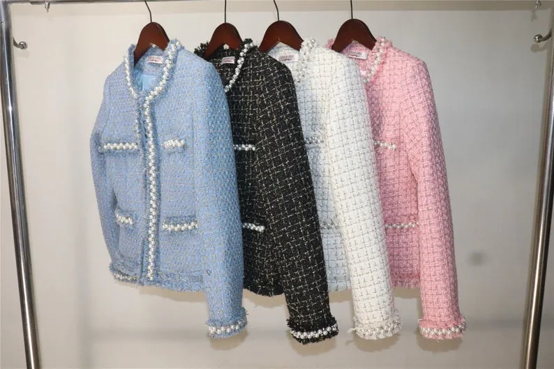 Custom Made Pearls Diamonds Checked Tweed Jacket    Skirt Suit