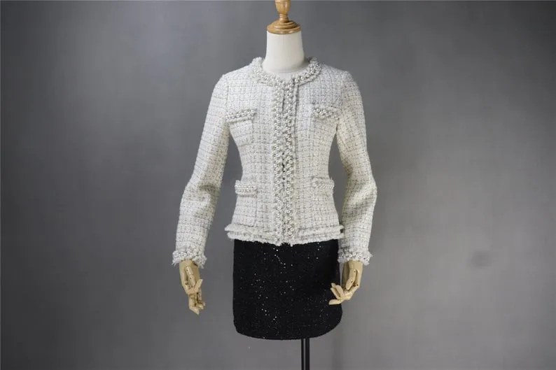 Custom Made Pearls Diamonds Checked Tweed Jacket    Skirt Suit