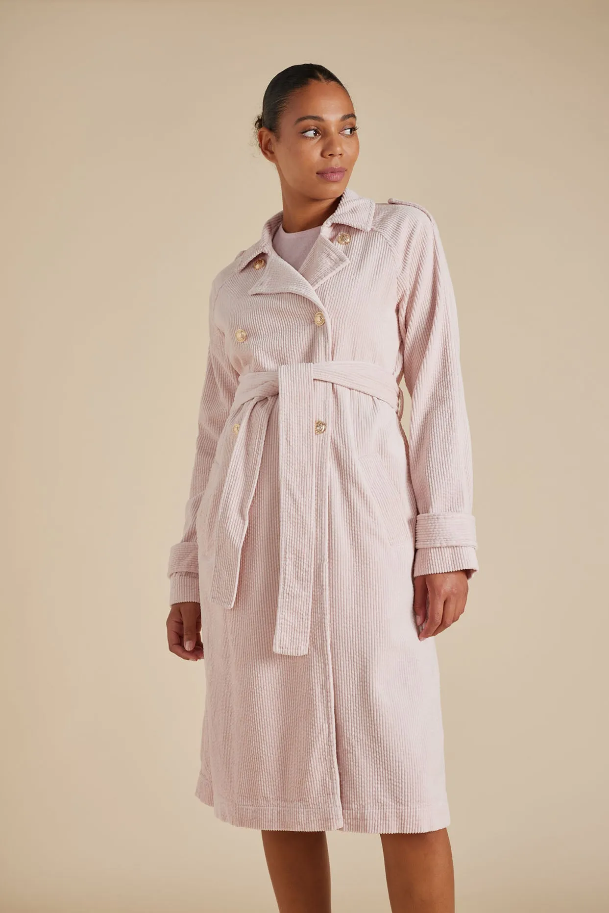 Darcy Corduroy Trench Coat in Petal
