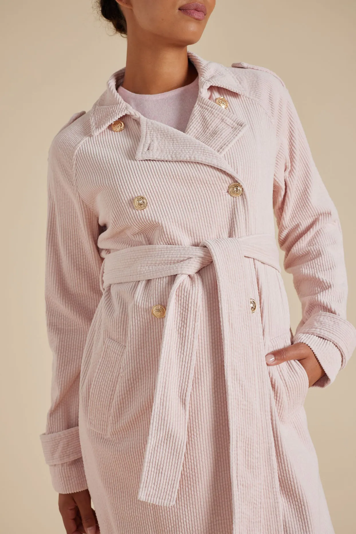 Darcy Corduroy Trench Coat in Petal
