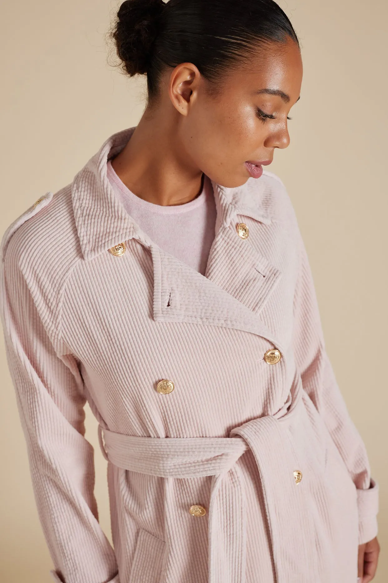Darcy Corduroy Trench Coat in Petal